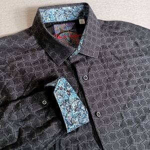 Robert Graham Men’s 4XL Black Geometric AOP Embroidered Blue Flip Cuff Button Up